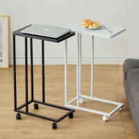 【WANBAO】工業風簡約床邊桌 附輪 可移動 ㄈ型桌 筆電桌(懶人桌)