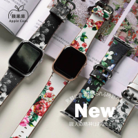 【蘋果庫Apple Cool】Apple Watch S7/6/SE/5/4 42/44/45mm 復古花款印花真皮帶