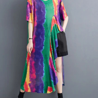 XITAO Asymmetrical Flounced Edge O-neck Dress Contrast Color Pullover Loose 2023 Summer New Arrival Casual Fashion WLD16495