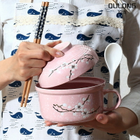 日式雪花陶瓷大號帶蓋泡面碗面杯湯碗帶手柄學生飯碗便當盒送勺筷