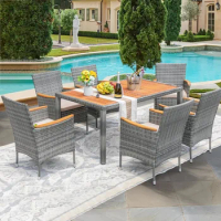 Outdoor Table with Square, 7 PCS Furniture Patio Conversation Set with Acacia Wood Table Top, Outdoor Tables.