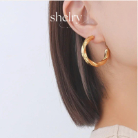 Twisted Circle - Bông tai C xoắn retro, thép không gỉ mạ vàng 18K, thiết kế bất đối xứng, độc đáo - 
