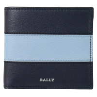 【BALLY】簡約金屬LOGO條紋拼接牛皮雙層8卡短夾(藍)