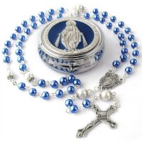 Virgin Mary Cross Rosary Necklace, Handmade, with Glass Imitation Pearls, Curved Needle, Suitable fo