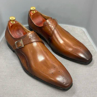Luxury Men's Monk Strap Wedding Dress Shoes Alligator Print Genuine Calf Leather Handmade Business Office Formal Shoes for Men