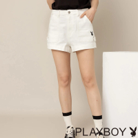 【PLAYBOY】休閒壓線拚帶寬口短褲(白色)