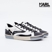 【KARL LAGERFELD 卡爾】low top IKONIK偷窺運動鞋-黑/白(滑板鞋/平底運動鞋/皮革鞋面/花押字鞋帶/板鞋)