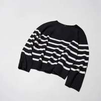 UNIQLO Sweater Wanita Katun Rajut Cotton 3D Knit Kerah Bulat Crew Neck Garis Stripe BLACK M