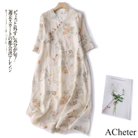 【ACheter】蘆麻連身裙圓領五分中袖氣質棉麻感碎花薄款V領長版洋裝#121351(花紋)