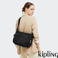 『牛角包』Kipling 經典黑菱格紋印花多袋實用側背包-GABBIE