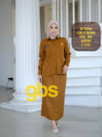 GITOTOMO BATIK KHAKI WANITA KERAH V NACK SAKU ATAS MODEL ROK SPAN TERBARU BAHAN SEMIWOOL / BAJU PEMD