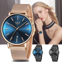 LIGE Women Watch Top Brand Luxury Ladies Simple Ultra-thin Clock Stainless Steel Mesh Belt Waterproof Watch Ladies Watch +Box