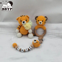 Handmade Crochet Baby Tiger Stuffed Dolls Newborn Bunny Rattle Toy Wooden Teething Ring Pacifier Chain Clips