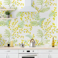 Yellow Herb Wallpaper Watercolor Mimosa Floral Wall Mural Peel and Stick