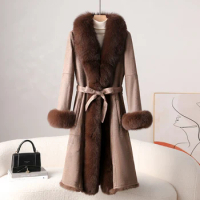 2023 Autumn/Winter New Fur Integrated Coat for Women Fox Hair Slim Fit Fur Temperament OL Lace up Commuter Fur Coat for Women Ra