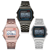 Jam Tangan Digital Dial Kotak Tali Rantai Fashion Wanita Dan Pria Elegan Stainless Rantai Stopwatch 