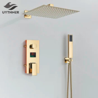 Bathroom Shower Faucet Gold Digital Display Shower Set Rainfall Head Bath Water Mixer Tap Waterfall Bathtub Shower System