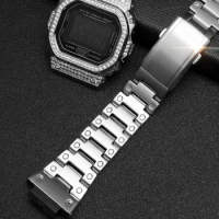 Diamond Inlaid watchband For CASIO GWM5610 GW5600 DW5600 Strap Case Bezel Metal Band DW-5600 316L men's Steel Bracelet Free tool