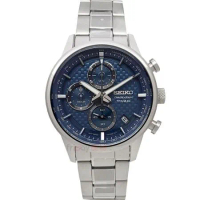 SEIKO 精工 SSB387P1手錶 輕量鈦金屬 三眼計時 深藍 編織紋面 日期 鋼帶 男錶