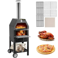 HAOYUNMA 12" Wood Fire Oven, 2-Layer Pizza Oven Wood Fired, Wood Burning Outdoor Pizza Oven with 2 Removable Wheels
