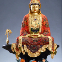 48cm Copper Gilt inlaid treasure Color painted Sit Lotus Guanyin Buddha statue Chinese style KWAN-YIN sculpture Large size
