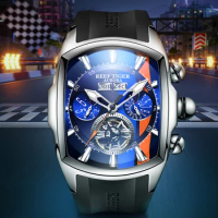 Reef Tiger Barrel Shaped Men Sport Watch Large dial Men Tourbillon Automatic Mechanical Watch Waterproof Luminous Calendar Watch