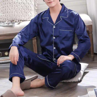 Men Sleepwear Men Pajama Set Men's Satin Lapel Pajama Set with Long Sleeve Shirt Wide Leg Pants Soft Homewear Sleepwear for Fall