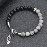 New European and American Fashion 8MM Natural Map Stone Bracelet for Men Stainless Steel Stone Beade