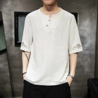 Kemeja-T Lengan Pendek Linen Gaya Cina, 25C4B2, Pakaian Musim Panas, Untuk Lelaki, Diperbuat daripad