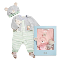 【奇哥】Chic a Bon 可愛小熊假兩件兔裝/連身衣4件組禮盒 3-6個月(兔裝+帽子+襪子+娃娃 彌月禮 附提袋)