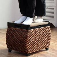 Nordic Wooden Rattan Weaving Home Storage Foot Stock Organizer Box Home Door Shoe Chair Replacement Living Room Furniture