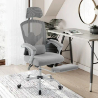 Gaming Ergonomic Foot Rest Reclining, High Back Mesh Home Office Computer Desk Chair with Wheels, Adjustable Headrest, Grey