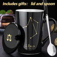 New Twelve Constellations Gold Pattern Mug Ceramic Couple Water Cup With Lid Spoon Gift Coffee Tea Mug Water Cup