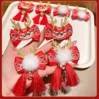 Mascot Dragon Horn Children Red Hairpin Sweet Bow Tassel Ancient Style Hairpin Baby Headwear Flower Hanfu Hair Sticks Girls