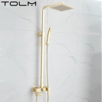 Tolm Brushed Gold Bathroom Shower Faucet Set Brass Bath Faucet Rainfall Shower Head Wall Mounted Bathtub Shower Mixer Tap System