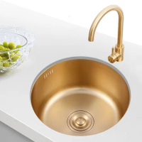 1.0mm 400x400mm Round Gold Kitchen Sink Faucet Single Bowl Nano Coating 190mm Depth Home Improvement Washing Cooking Wastafel