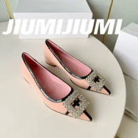 New JIUMIJIUMI Handmade Pointed Toes Casual Crystal Decoration Square Button Boat Shoes British Style Mixed Colors Slip-On Shoes