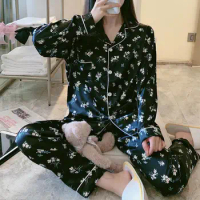 Women Sleepwear Floral Print Silky Pajama Set for Women Long Sleeve Homewear Shirt Wide Leg Pants Sleepwear Set for Spring