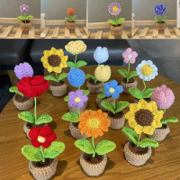 1PC Mini Crochet Flower Hand-knitted Sunflower Rose Flower Potted Plant Handmade Bouquet Party Home Desktop Decorative