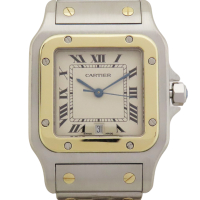 【二手名牌BRAND OFF】Cartier 卡地亞 銀色 金色 不鏽鋼 Santos Galbee 石英腕錶