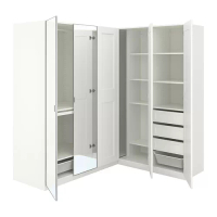 PAX/GRIMO/ÅHEIM 轉角衣櫃/衣櫥, 白色/白色 鏡面, 210/160x201 公分