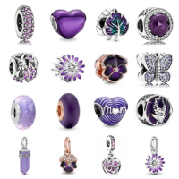 925 Sterling Silver Purple Series Flower Daisy Dangle Glass Beads Clip Charm Fit Original Bracelet Bangle Jewelry Gift