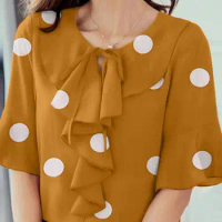 ZANZEA 2024 Summer Half Sleeve Polka Dot Printed Blouse Women Fashion Ruffles Hem Tops Elegant Lace Up Work Shirt Holiday Blusas