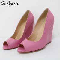 Sorbern Open Toe Slip On Shoes for Women Pumps Multi Colors Wedge High Heels Spring Lady Heels Custom Plus Size 48