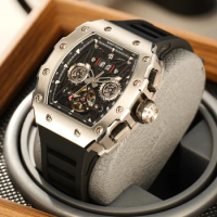 REEF TIGER Fashion Design Titan Multifunctional Mechanical Watch For Men Tonneau Waterproof Rubber Automatic Men's Watch RGA3009