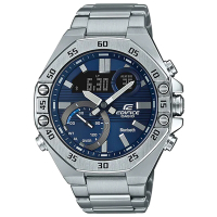 CASIO EDIFICE系列八角錶圈藍芽雙顯不鏽鋼腕錶-銀X藍(ECB-10D-2A)/48.5mm