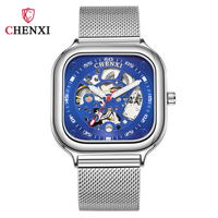 CHENXI นาฬิกากลไกอัตโนมัติแฟชั่นสำหรับผู้ชายนาฬิกาโครงกระดูกสี่เหลี่ยมกันน้ำ