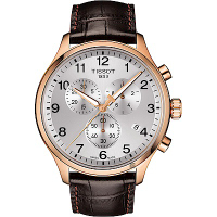 TISSOT 天梭 官方授權 韻馳系列 Chrono XL計時手錶 送禮推薦-銀x玫塊金框x咖啡錶帶/45mm T1166173603700
