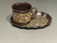 中古回流瓷器 咖啡杯   日本幸泉窯 鐵釉描金  杯托手捏