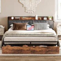 King Size Bed Frame, Storage Headboard with Charging Station Platform with Drawers No Box Spring Needed, Vintage Brown and Gray